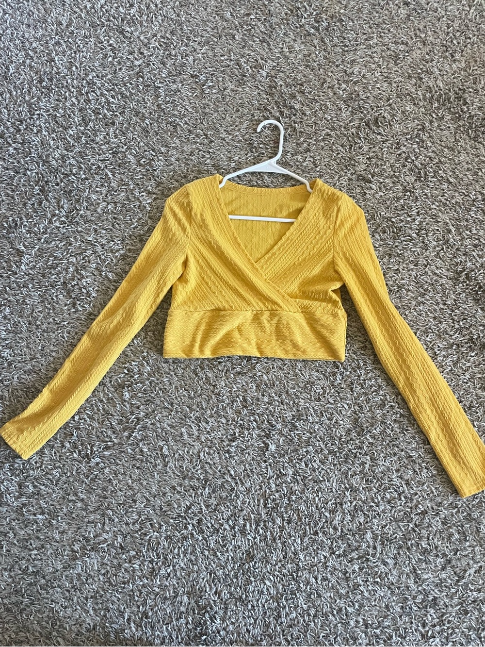 SHEIN Mustard Yellow Ribbed Wrap-Front Long Sleeve Crop Top